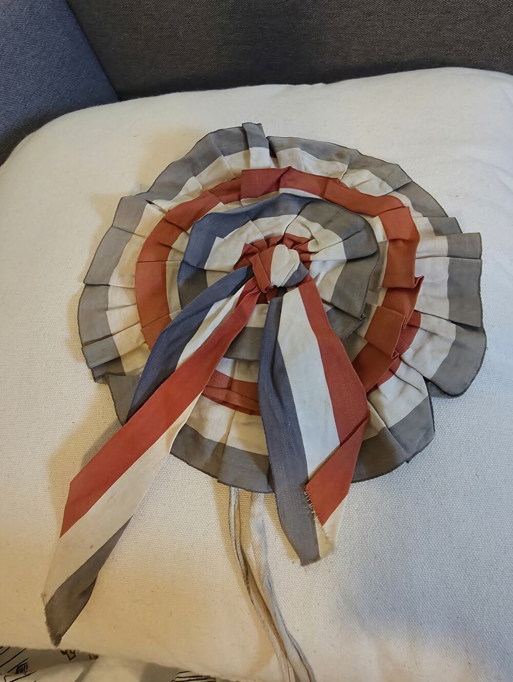 Vintage tricolor cockade, featuring pleated Cotton Ribbons, 1940s